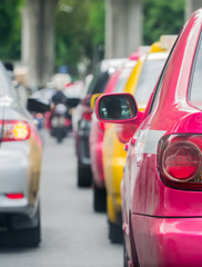 Car queue in the bad traffic road