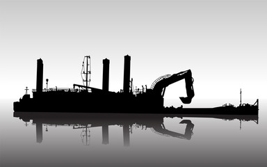 Vector silhouette of ship with floating excavator in service