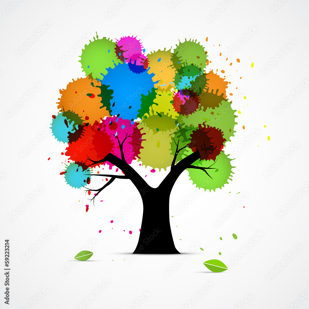 Poster abstract vector tree with colorful blobs, splashes