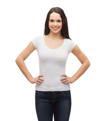 smiling woman in blank white t-shirt