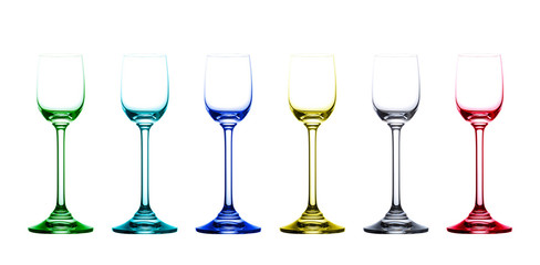 Variety of colorful shot glasses - isolated on white