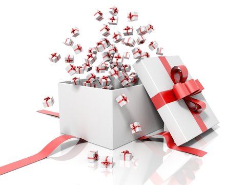 Render of a white gift box throwing little gift boxes