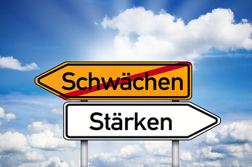 Wegweiser mit Schwächen und Stärken