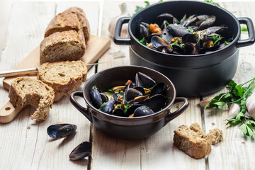 Closeup of ingredients for a dish cooked with mussels