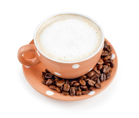 A cup of coffee on a white background. coffee beans