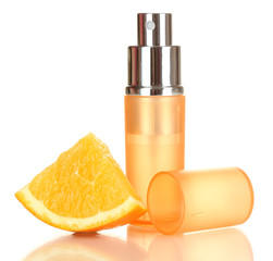 Women's perfume in beautiful bottle with orange isolated