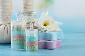Aromatic salts in glass bottles and herbal compress balls for