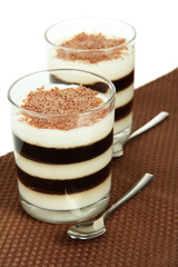 Tasty jelly coffee with milk on table on white background