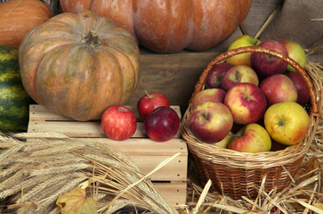 Pumpkins on crate and apples in basket on straw close up