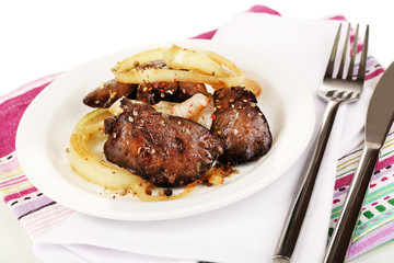 Appetizing fried chicken livers on plate isolated on white