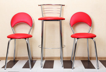 Beautiful interior with modern leather chairs on wood floor