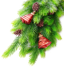 Christmas decorations on fir tree, isolated on white
