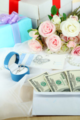 Dollar bills in envelope as gift at wedding