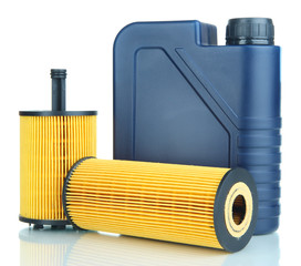 Motor oil canister and filters isolated on white