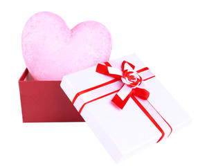 Gift box and decorative heart, isolated on white
