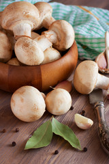 Raw mushrooms, garlic, bay leaf and pepper. Prepared for cooking