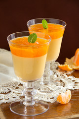 orange panna cotta with slices of oranges.