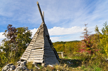 Fototapeta na wymiar Shepherd's hut on mount Bobija, like a tent but made of wood