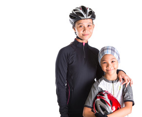 Mother and daughter with cycling attire over white background
