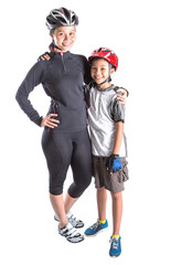 Mother and daughter with cycling attire over white background