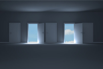 Doors opening in dark room to show sky
