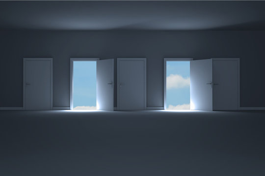 Doors opening in dark room to show sky