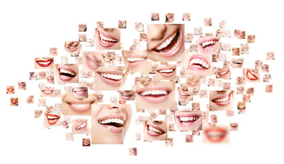 Perfect smiles. Collection of beautiful wide human smiles with g