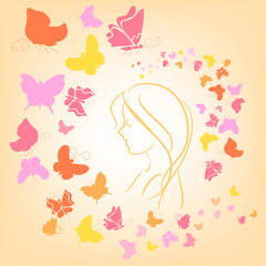 romantic illustration with butterflies and girl silhouette