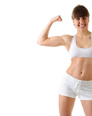Fototapeta premium sport młoda kobieta z doskonałym ciałem pokazano bicepsy, gi fitness
