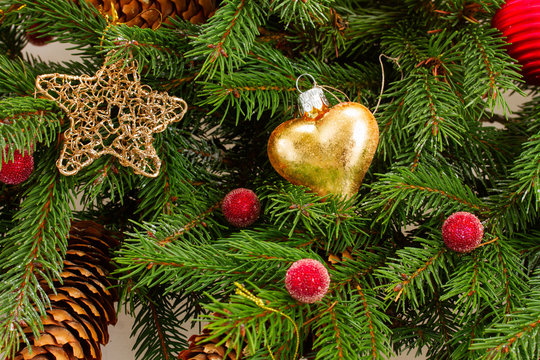 decorated evergreen fir tree close up