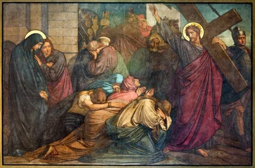 Foto op Plexiglas Antwerp - Jesus meets the women of Jerusalems - fresco © Renáta Sedmáková