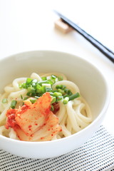 Korean food, Kimchi and spring onion on udon noodles
