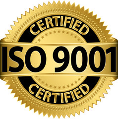 ISO 9001 certified golden label, vector illustration - obrazy, fototapety, plakaty
