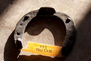 yes you can  inscription and  horseshoe over wooden background