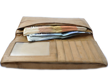 euro bills in leather purse