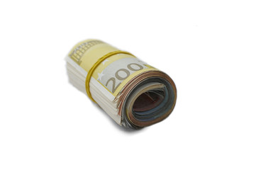 Roll of euro banknotes against white background