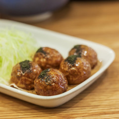 Japanese snack food, Takoyaki and beef close up
