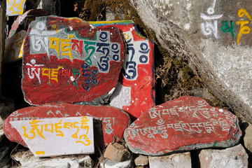 Buddhist mani prayer stones in Kalaczakra temples in Dharamsala - obrazy, fototapety, plakaty