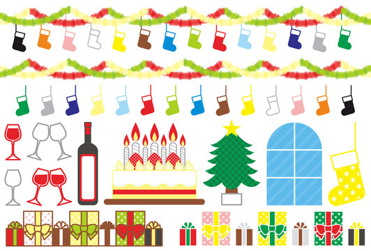 クリスマス用イラストカット素材集（靴下・飾りつけ・ワイン・ケーキ・クリスマスツリー・プレゼント）カラフル