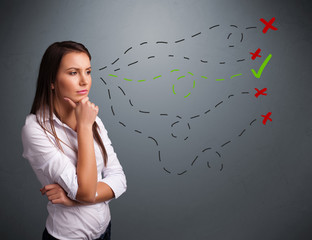 Young woman choosing between right and wrong signs