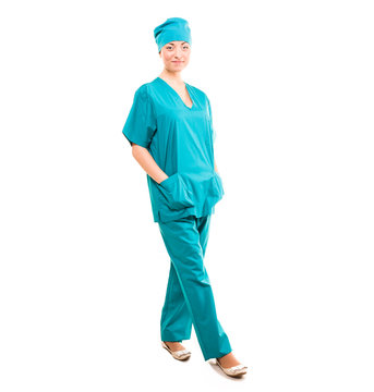 Full Length Portrait Of Young Female Surgeon Doctor