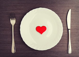 plate, fork, knife and red heart