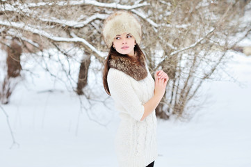 Fototapeta premium Beautiful woman in the winter scenery