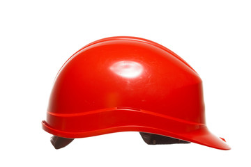 Red safety helmet of builder building worker isolated on white