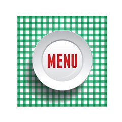 Menu - white plate on a checkered tablecloth