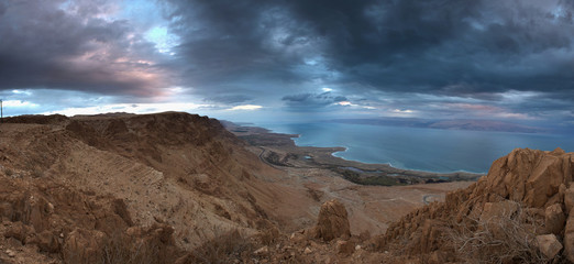 Dead Sea coastline Panorama and Judea Desert Hills