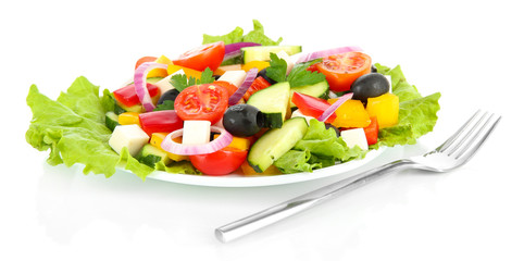 Tasty Greek salad isolated on white