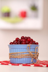 Ripe red cranberries in bowl on table