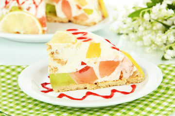 Delicious jelly cake on table close-up