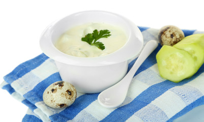 Cucumber yogurt in glass bowl,